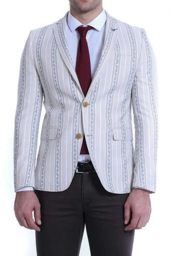 Çizgili Bej Slim Fit Ceket - Wessi