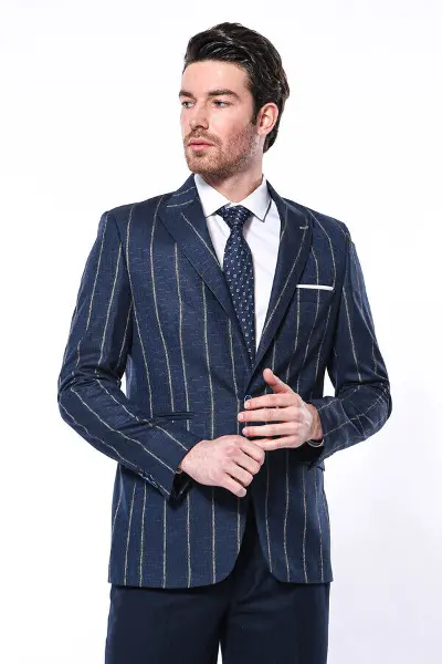 Çizgili Açık Slim Fit Lacivert Erkek Ceket - Wessi