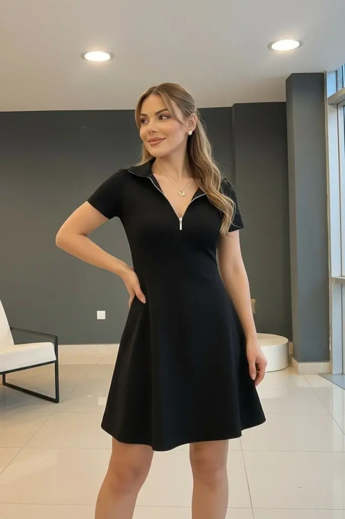 Kadın Kısa Kollu Yakası Fermuarlı Kısa Viskon Iki Iplik Elbise-4