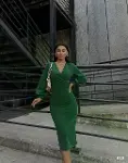 Kadın Kruvaze Yaka Balon Kol Simli Krep Kumaş Midi Boy Elbise-3