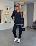 Kadın Uzun Kollu Ribana Ve Fermuar Detay Bluz Ve Yüksel Bel Pantolon 2li Takım-2