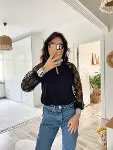 Kadın Uzun Kollu Göğüs Pencere Detay Yaka Boğazlı Kolları Tüllü Sandy Bluz-6