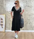 Kadın Kısa Kollu V Yaka Kol Ve Yaka Ribana Detay Midi Boy Viskon Elbise-5
