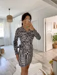 Kadın Uzun Kollu Kruvaze Yaka Bağlamalı Kemer Dalgıç Mini Boy Elbise-26