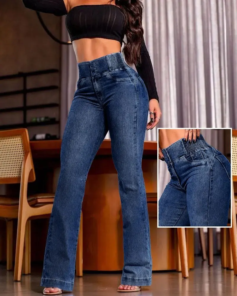 Kadın Yüksek Bel Yanları Lastik önü Düğmeli Kot Pantolon-1 Kadın Yüksek Bel Yanları Lastik önü Düğmeli Kot Pantolon-1