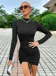 Kadın Uzun Kol Sağ Belden Sol Etek Ucuna Doğru Hafif çapraz Büzgülü Sandy Mini Boy Elbise-2