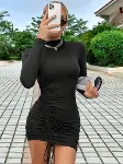 Kadın Uzun Kol Sağ Belden Sol Etek Ucuna Doğru Hafif çapraz Büzgülü Sandy Mini Boy Elbise-3