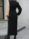 Kadın Uzun Kollu Kruvaze Yakalı Belden çapraz Detaylı çift Renkli Midi Ithal Krep Elbise-5
