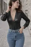 Kadın Uzun Kollu Derin V Yakalı Deri Zıbın-1