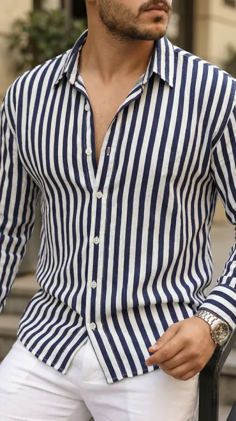 Erkek Dikey Çizgili Yarım Oversize Gömlek Erkek Dikey Çizgili Yarım Oversize Gömlek