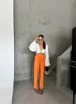 BEL LASTİK DETAYLI MODAL KUMAŞ PANTOLON - Orange-3