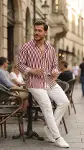 Erkek Dikey Çizgili Yarım Oversize Gömlek-3