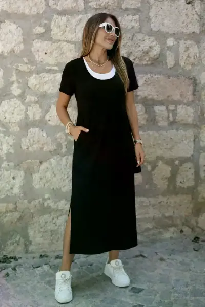 Kadın Kısa Kollu Içi Atlet Görünümlü Yandan Yırtmaçlı Uzun Viskon Elbise