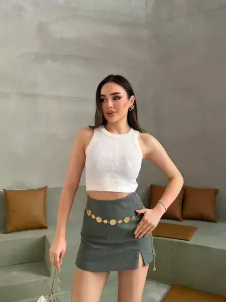 Kadın Halter Yaka Fitilli Esnek Crop Atlet