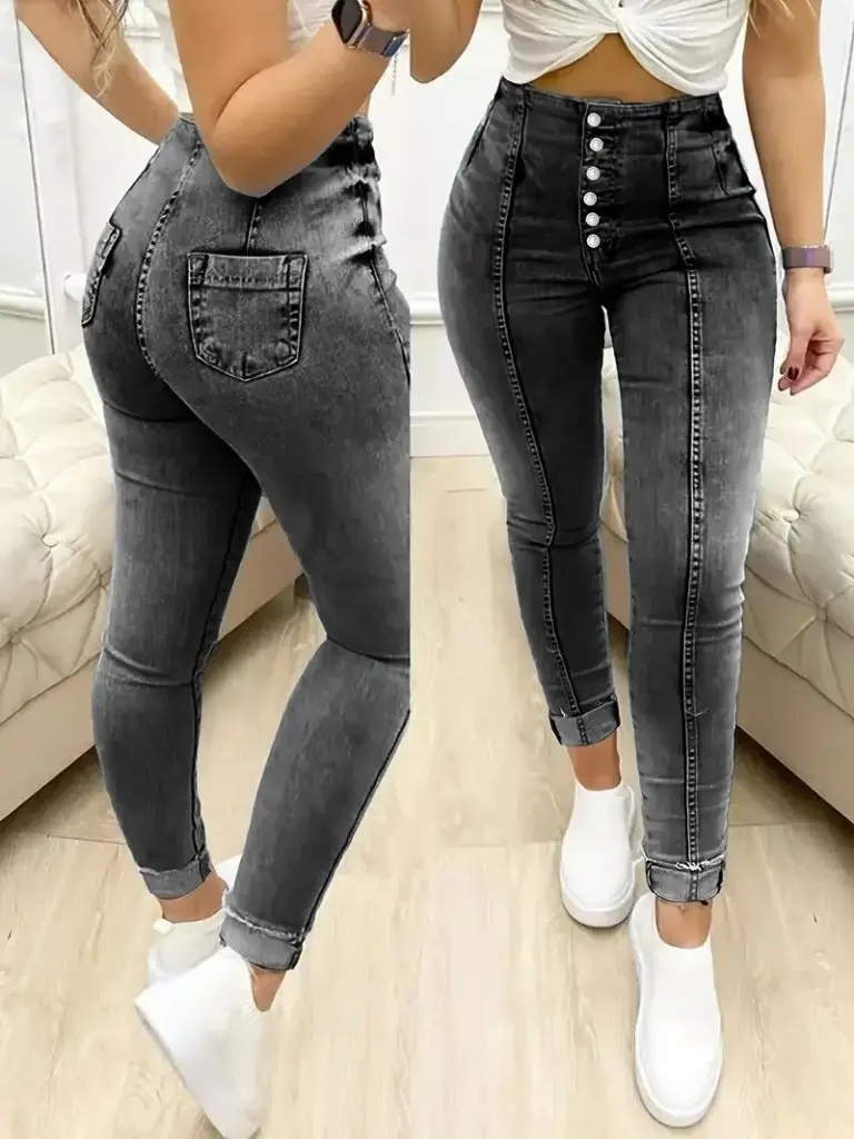 Kadın Yüksek Bel önden Düğmeli Jean Pantolon-1 Kadın Yüksek Bel önden Düğmeli Jean Pantolon-1