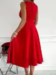 Kadın Ithal Krep Kumaş Kruvaze Yaka Eteği Kloş Kolsuz Mini Elbise-3