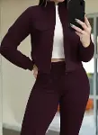 Kadın Uzun Kollu önden Fermuarlı Kısa Modal Mor Ceket Ve Pantolon Ikili Takım-2