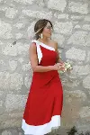 Kadın Tek Omuzu Açık Omuzlardan Kurdela Detaylı çift Renkli Ithal Krep Elbise-2