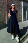 Kadın Kısa Kollu V Yakalı Pileli Uzun Janjan Krep Elbise-2