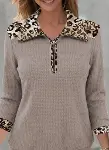 Kadın Uzun Kollu Leopar Yakalı Fermuarlı Waffle Bluz-2