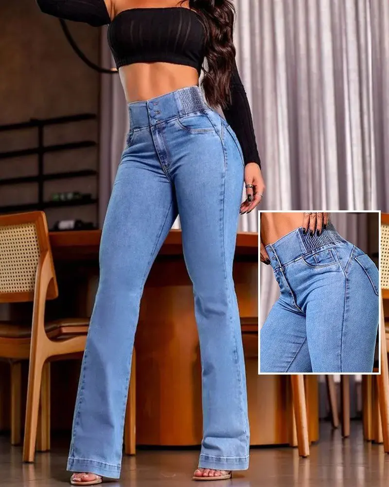 Kadın Yüksek Bel Yanları Lastik önü Düğmeli Kot Pantolon