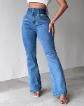 Kadın Yüksek Bel Yanları Lastik önü Düğmeli Kot Pantolon-5