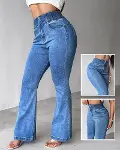 Kadın Yüksek Bel Yanları Lastik önü Düğmeli Kot Pantolon-6