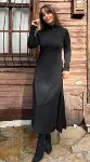 Kadın Uzun Kollu Balıkçı Yaka Derin Yırtmaç Detay Krep Elbise-13