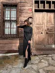 Kadın Uzun Kollu Balıkçı Yaka Derin Yırtmaç Detay Krep Elbise-14