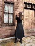 Kadın Uzun Kollu Balıkçı Yaka Derin Yırtmaç Detay Krep Elbise-15