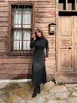 Kadın Uzun Kollu Balıkçı Yaka Derin Yırtmaç Detay Krep Elbise-16