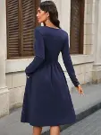 Kadın Uzun Kollu V Yakalı Cepli Midi Ithal Krep Elbise-4