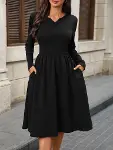 Kadın Uzun Kollu V Yakalı Cepli Midi Ithal Krep Elbise-3