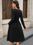Kadın Uzun Kollu V Yakalı Cepli Midi Ithal Krep Elbise-4