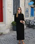 Kadın Uzun Kollu Yarı Balıkçı Yaka Arkadan Pencere Detaylı Bağcıklı Midi Triko Elbise-2