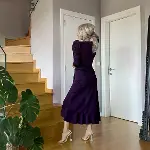Krep Kumaş Midi Boy Kuşaklı Uzunkol Elbise-3
