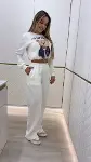 Kadın Uzun Kollu Bisiklet Yaka Desenli Iki Iplik şardonlu Bluz Ve Pantolon Ikili Takım-3