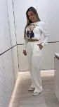 Kadın Uzun Kollu Bisiklet Yaka Desenli Iki Iplik şardonlu Bluz Ve Pantolon Ikili Takım-1