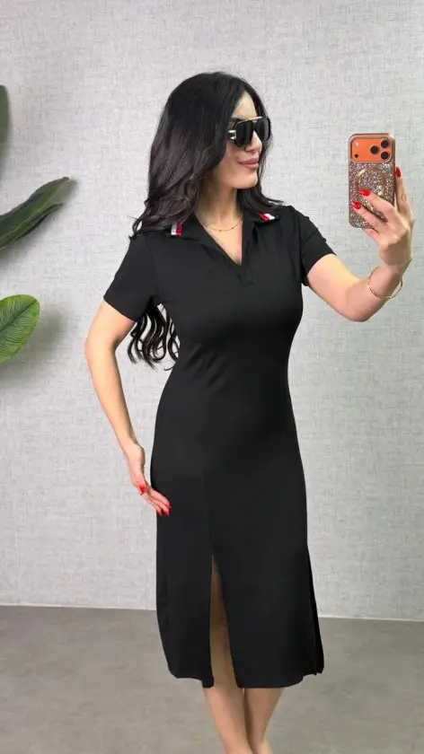 Kadın Polo Yaka çift Yırtmaç Detay Modal Kumaş Midi Boy Elbise