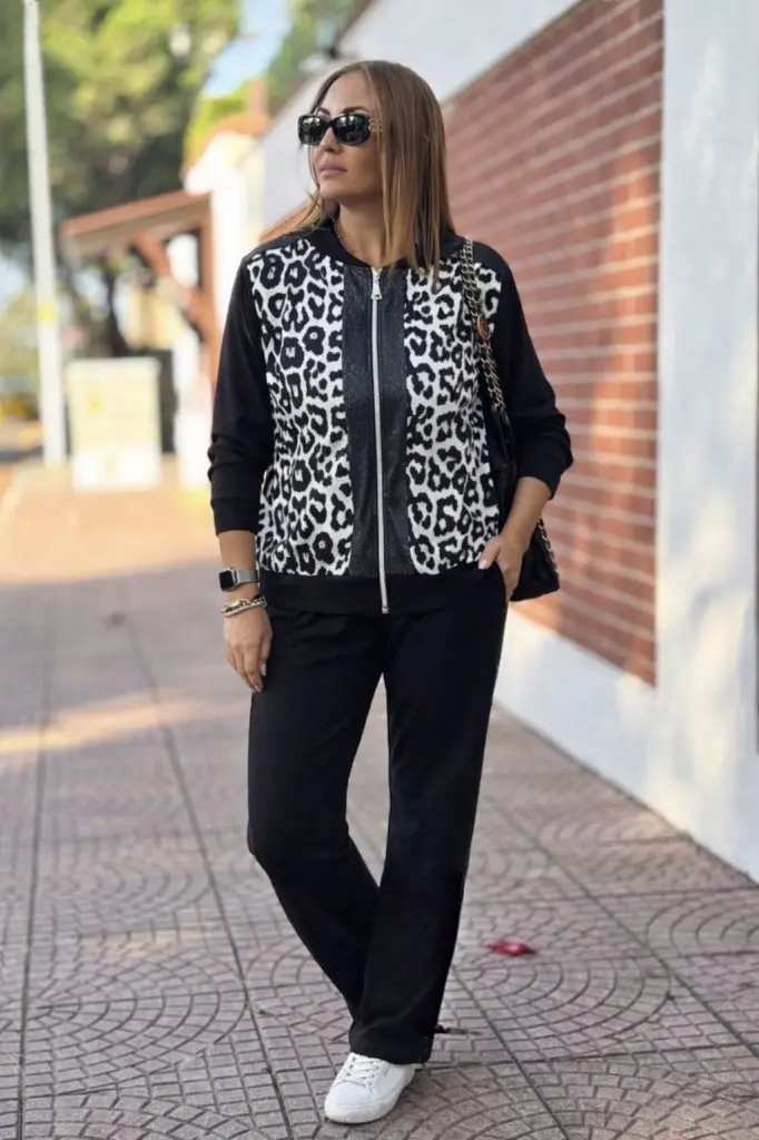 Kadın Uzun Kollu önden Fermuarlı Leopar Desenli Viskon Iki Iplik Bluz Ve Pantolon Ikili Takım-2