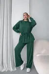 Kadın Uzun Kollu Bisiklet Yaka Belden Büzgülü Bağcıklı Viskon Iki Iplik Bluz Ve Pantolon Ikili Takım-2