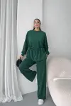 Kadın Uzun Kollu Bisiklet Yaka Belden Büzgülü Bağcıklı Viskon Iki Iplik Bluz Ve Pantolon Ikili Takım-1