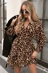 Kadın Uzun Kollu Kruvaze Yakalı Fırfırlı Belden Kuşaklı Leopar Desen Modal Elbise-1