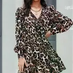 Kadın Uzun Kollu Beli Lastikli Etek Ucu Volanlı Leopar Desen Krep Elbise-3