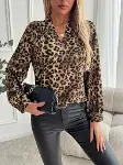 Kadın Uzun Kollu V Yakalı Modal Leopar Desenli Bluz-5