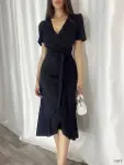 Kadın Kruvaze Yaka Midi Boy Kuşaklı Krep Elbise 120 Cm-7
