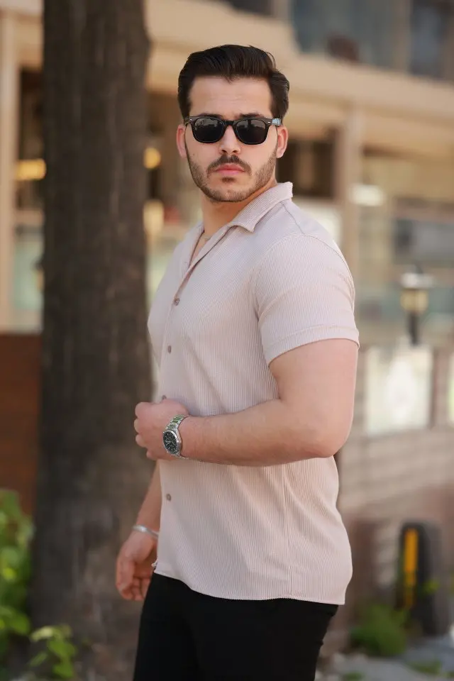 Erkek Ottoman Kumaş Apaj Yaka Kısa Kollu Gömlek-2