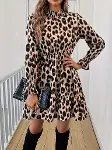Kadın Uzun Kollu Yarı Balıkçı Yaka Leopar Desenli Modal Mini Elbise-2