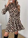 Kadın Uzun Kollu Yarı Balıkçı Yaka Leopar Desenli Modal Mini Elbise-5