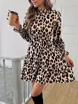 Kadın Uzun Kollu Yarı Balıkçı Yaka Leopar Desenli Modal Mini Elbise-1
